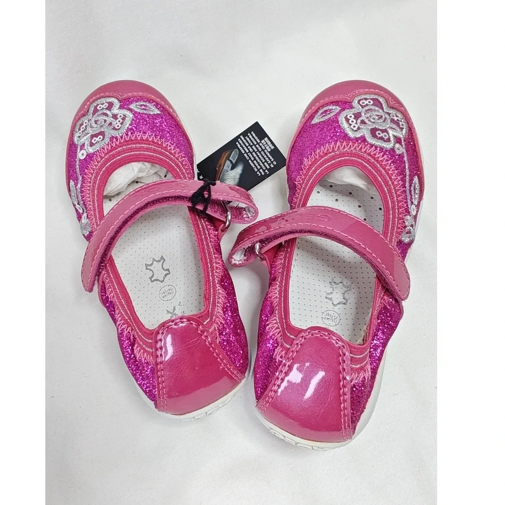 Geox Jodie Ballerina Flat Pink Glitter Floral Mary‎ Jane Shoes 10 US 27 EU New